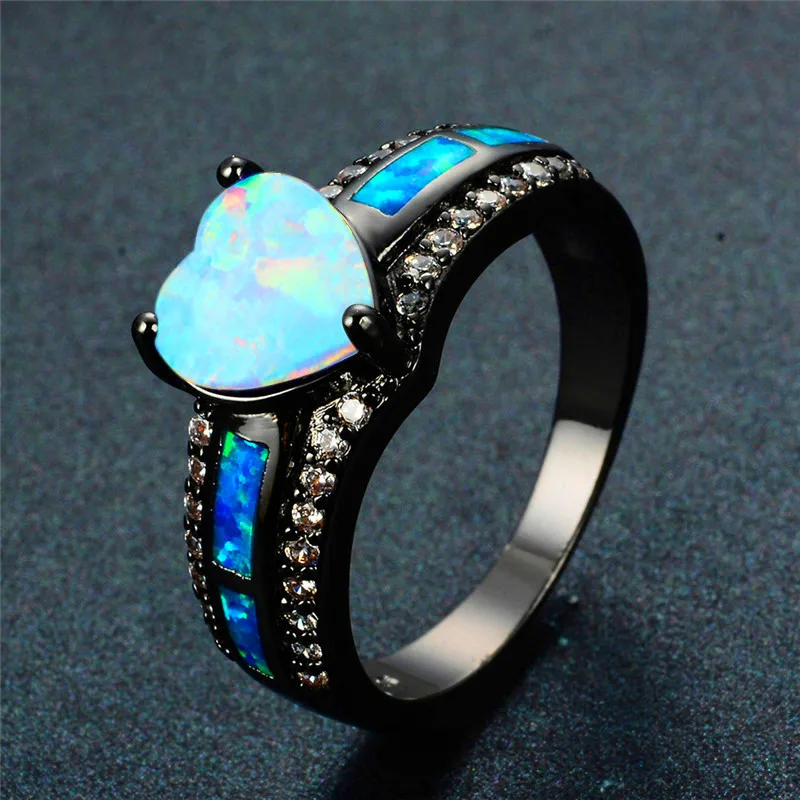 JUNXIN очаровательные кольца с разноцветным сердцем, цирконием, голубой/белый/розовый, огненный опал, кольца для женщин, винтажная мода, черное Золотое кольцо с камнем рождения