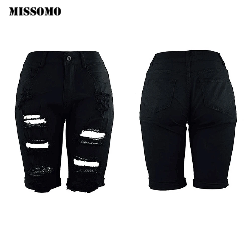 MISSOMO denim jeans womens Elastic Destroyed Hole Leggings Short Pantsdenim jeans shorts black skinny jeans strech jeans women
