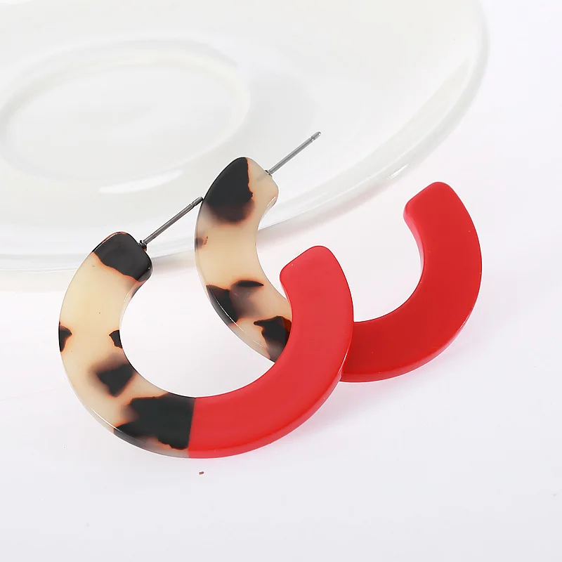 

Women Summer Hoop Earrings Red Yellow Leopard Resin Acetate Stitching Earrings Fashion Wedding Party Gift