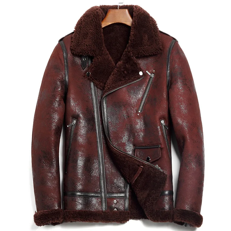 

HARLEY DAMSON Brown Men Short Biker's Shearling Coat Plus Size XXXXL Russian Winter Genuine Thick Motorcycle Shearling Jacket