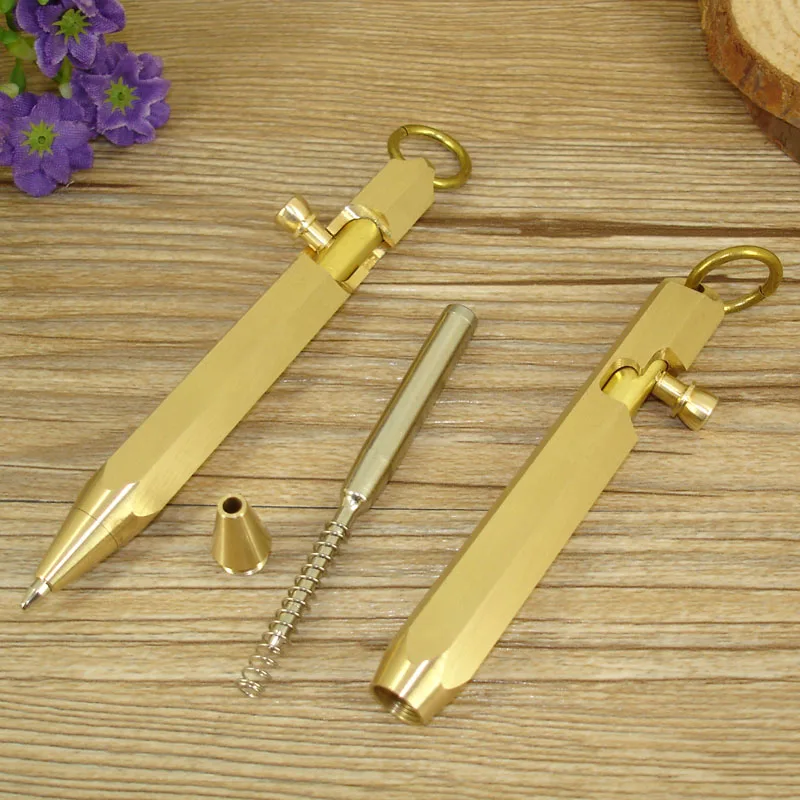 ACMECN2019 New Arrival 90mm Mini Pocket Ball Pen with key ring Pure Brass Ballpoint Pen Gun Style Hexagonal Copper Tactical Pens