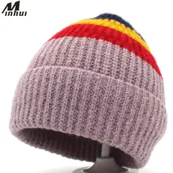 Minhui Новинка 2018 года зима для женщин шапочки капот шапки вязаные шапки Мода Полосатый шляпа Skullies