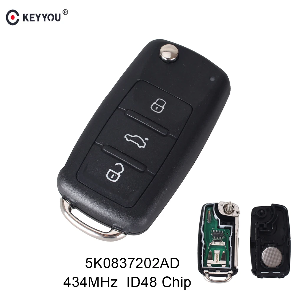 

KEYYOU 5K0837202AD 3 Button Remote Car Key 434MHz For VW Volkswagen Golf PASSAT Tiguan Polo Jetta Beetle Scirocco With ID48 Chip