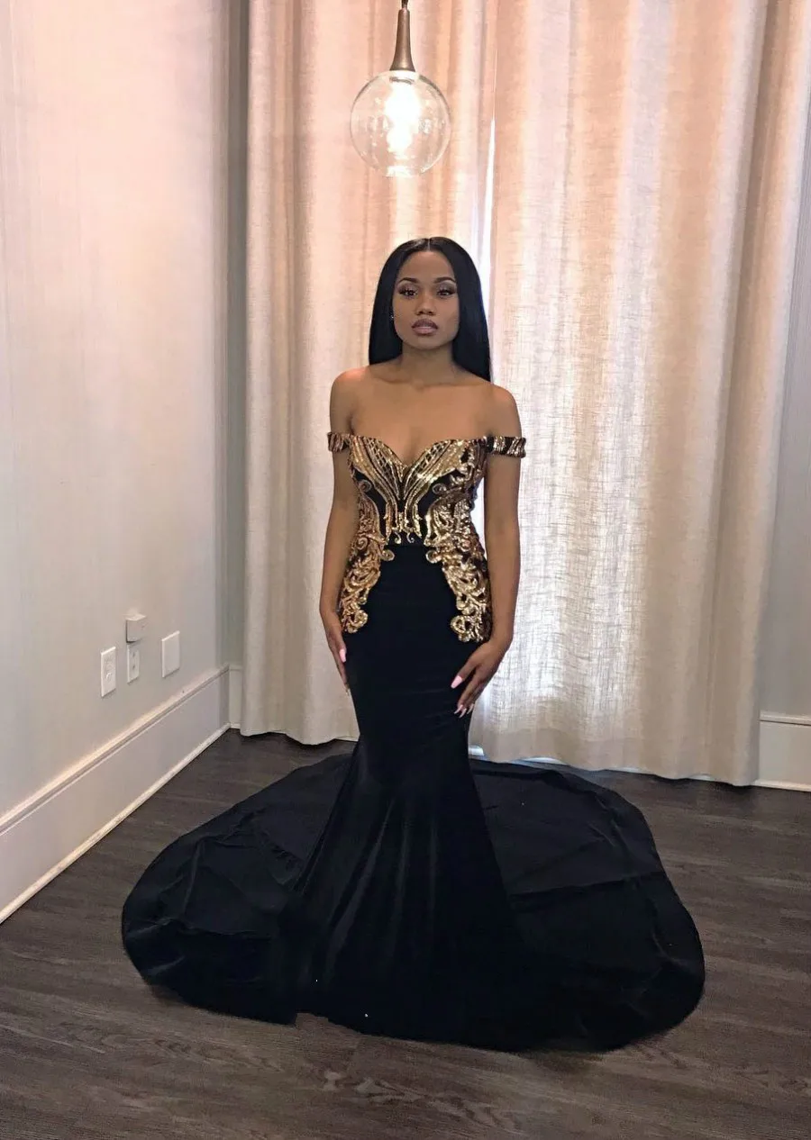 Black And Gold Prom Dresses Plus Size Off The Shoulder Appliques Long 