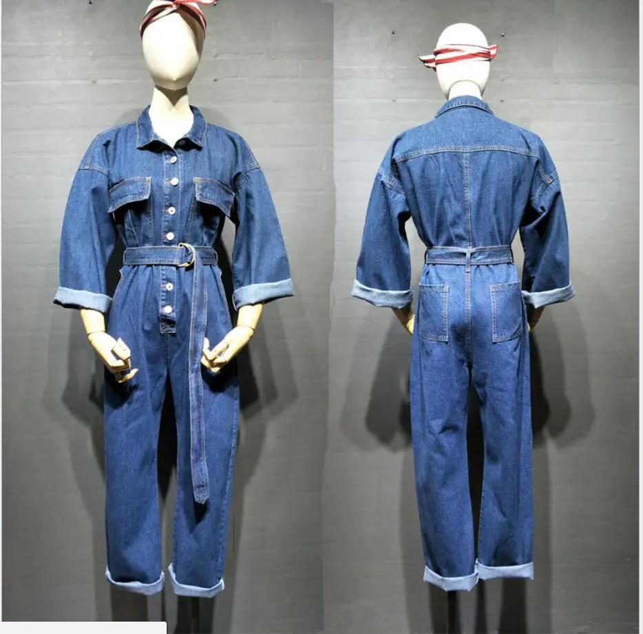 Модный джинсовый комбинезон в стиле сафари для женщин, осень, боди с длинным рукавом и высокой талией, джинсовый костюмчик боди Песочник