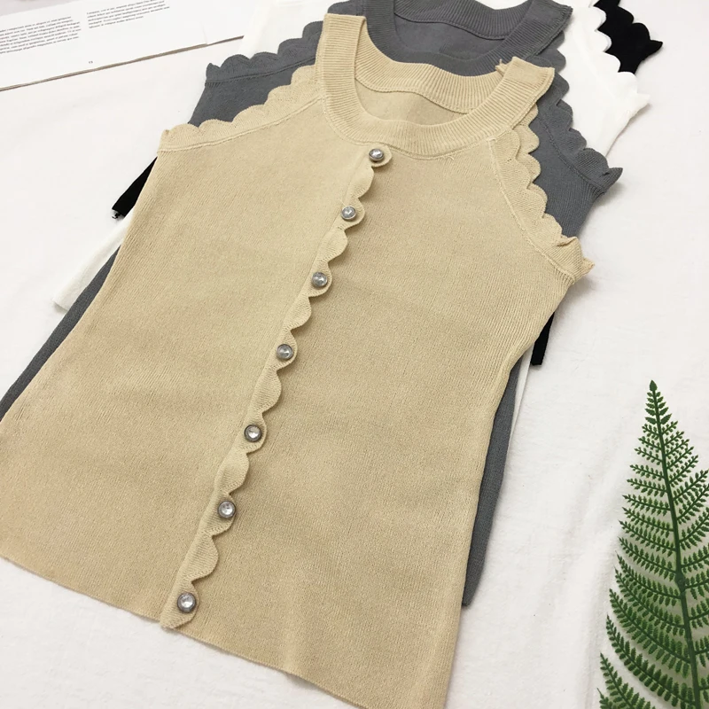 

Chic Fashion Knitting Halter Neck Button Camis Tops Girls Sweet Ruffles Solid Knitted Tanks Crop Tops For Woman