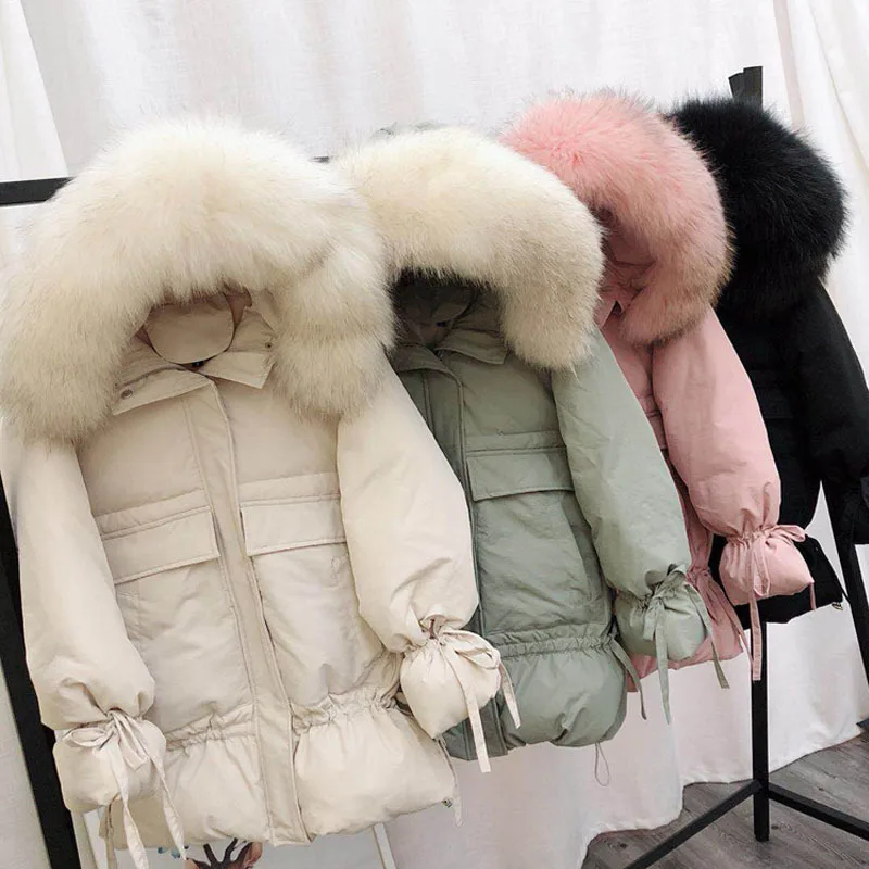Модные женские зимние Пуховики с воротником из натурального меха енота, пальто с капюшоном, утепленная отстегивающаяся парка, куртка большого размера, высокое качество