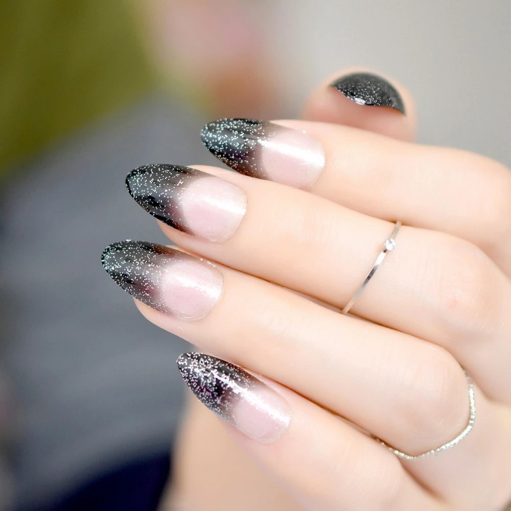 Gradient Black French False Stiletto Nails Silver Glitter Clear Black