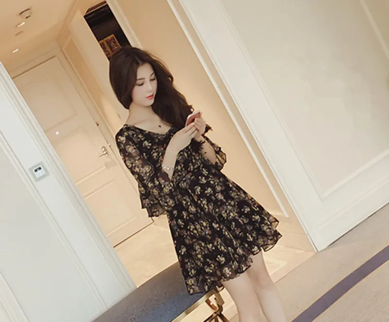 Женское винтажное платье с цветочным принтом размера плюс, милое женское повседневное летнее шифоновое платье с длинным рукавом и v-образным вырезом в китайском стиле
