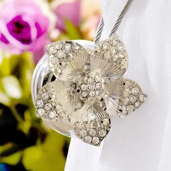 

Set of 2 Magnetic Curtain tiebacks rhinestone sliver flower holdbacks decoration clip DIY accessory tie string free shipping