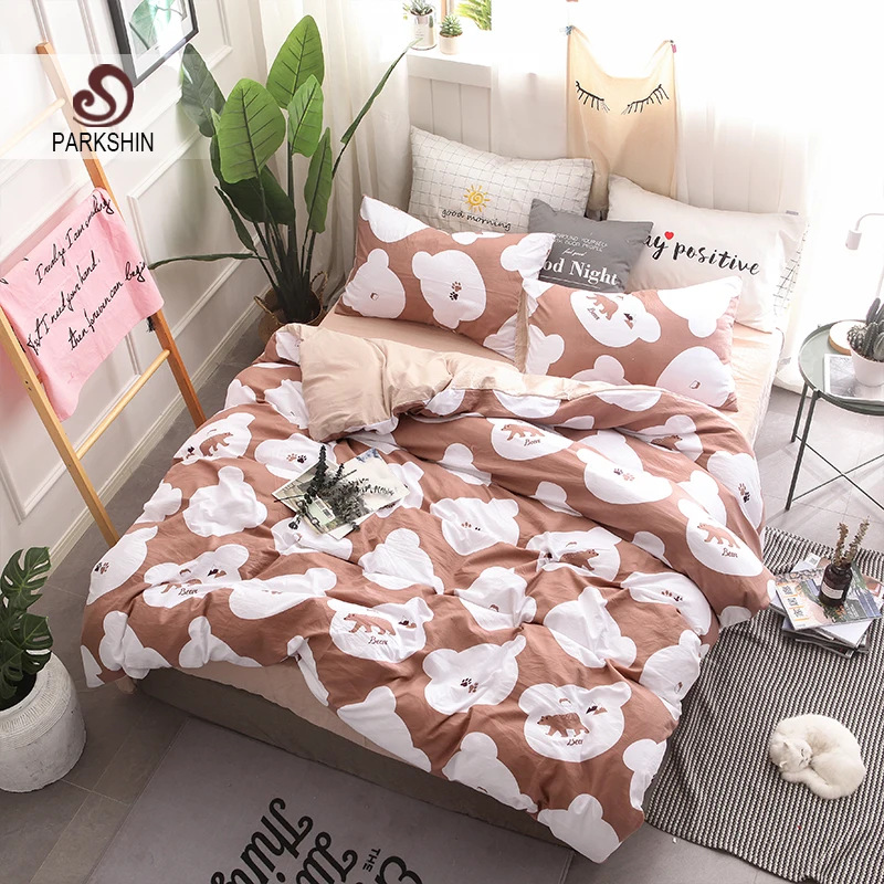 Parkshin Cute Bear Cartoon Bedding Set Brown Duvet Cover Bedspread