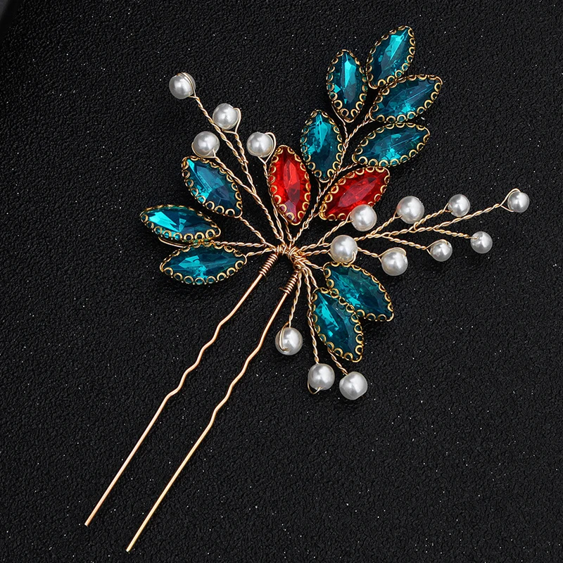 

1 PC Luxury Red Blue Crystal Vintage Wedding Hair Pin And Clip Rhinestone Pearl Bridesmaid Hairpin For Women Bridal Jewelry