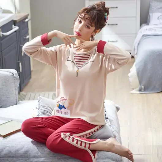 Autumn 100%Cotton Pajamas For Couple Cartoon Pajama Set Winter Pyjamas Women Long Sleeve Round Neck Cute Soft Plus Size Pijamas - Цвет: XG1955W