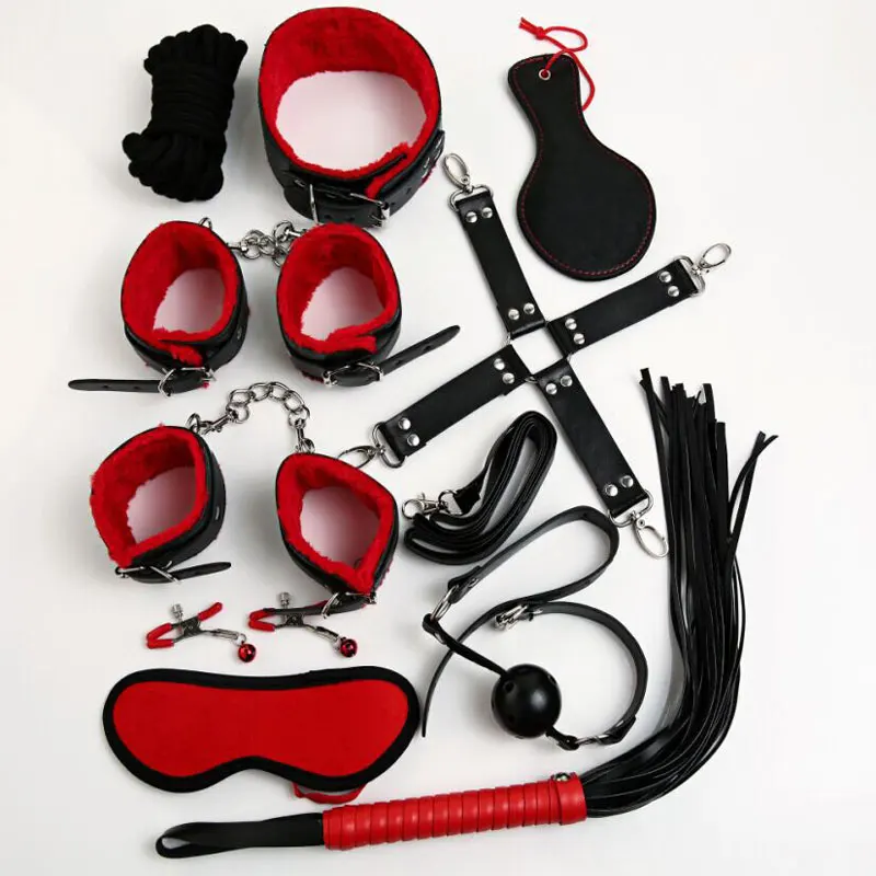 

10PCS/set Leather fetish Game Toy Kit for Couples women bondage restraint Set: Handcuff Whip Nipple Clamps Gag
