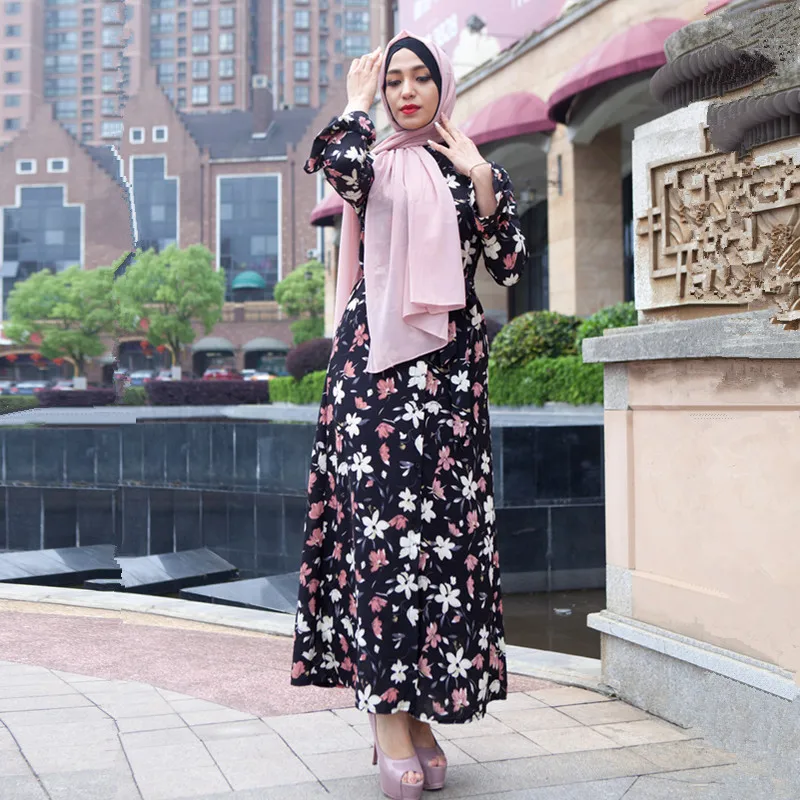 Абая для женщин мусульманская одежда длинный рукав цветочный принт Макси мусульманское платье Бангладеш Кафтан Дубай, Турция платья Хиджаб Халат