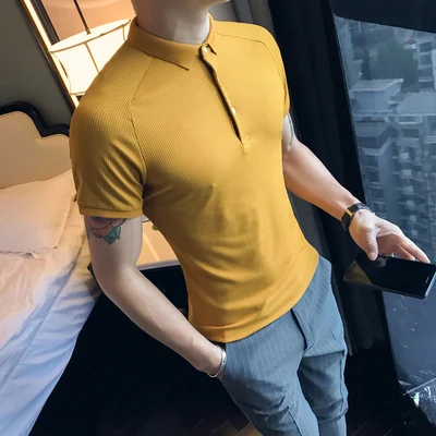 

2019 spring and summer new men's short-sleeved shirt Korean version of the trend of self-cultivation lapel knit polo shirt solid