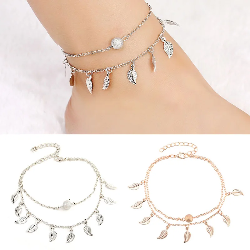 

LNRRABC Summer Women Tassel leaves Double Layer Ankle Chain Simple anklets Elegant Beach Jewelry Barefoot Sandals Accessory