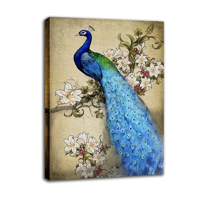 Chinese Vintage Flower and Bird Painting Stretched Frame Blue Peacock ...