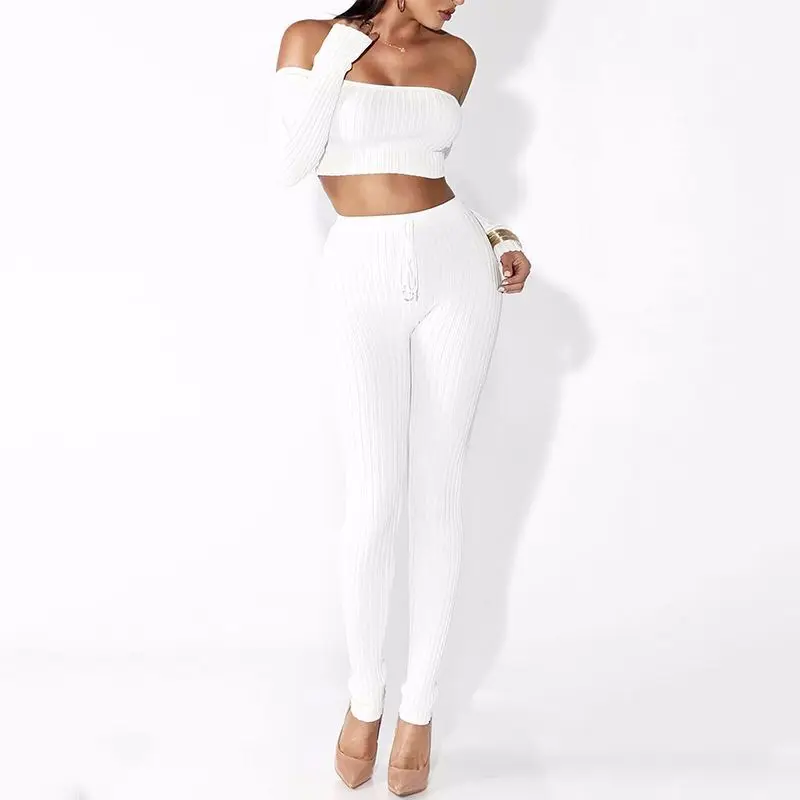 

2 Piece Sets Knitted Off Shoulder Long Sleeves Women Two Pcs Crop Top + Long Pants Skinny Sexy Tracksuit Sexy Party Clubwear