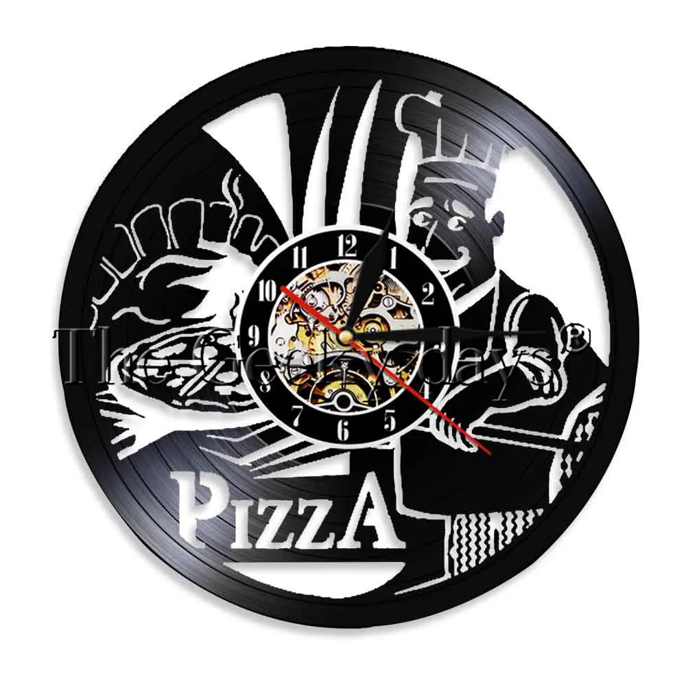 

1Piece Pizza Time Vintage Clock Wall Clock Made Of Vinyl Record Fast Food Clock Handmade Gift For Pizza Store Wall Art