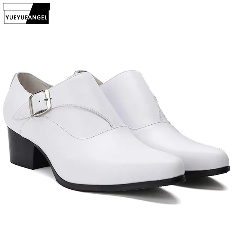 

British High Top Mens White Genuine Leather Pointed Toe Block Med Heels Wedding Dress Shoes Buckle Slip On Loafers Formal Shoes