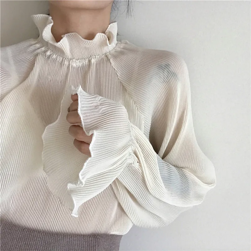 Beste Zoete Ruches Zomer Lente Bladerdeeg Mouw Womens Tops En Blouses Stand Kraag Chiffon Blouse Stretchable Buste Top Vrouwen TT3785
