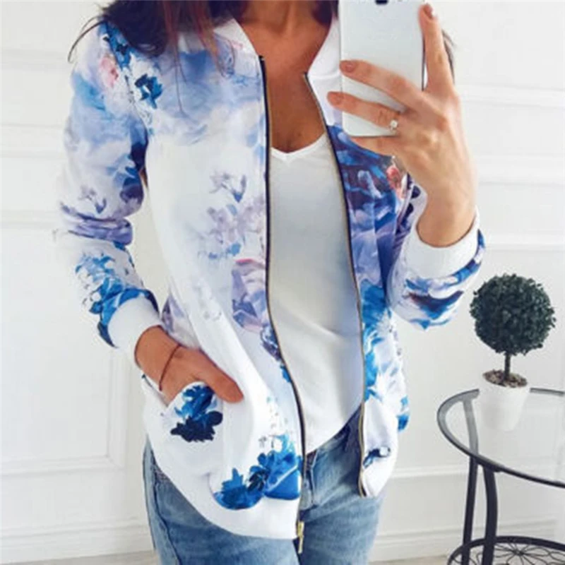

Fashion Printing Jacket Autumn Spring Basic Coat Flower Floral Print Baseball Jacket Bomber Long Sleeve Casual Outwear Plus Size
