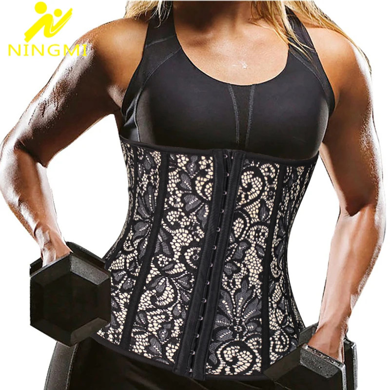 

NINGMI Neoprene Latex Waist Trainer Women Sexy Lace Corsets Weight Loss Modeling Strap Top Body Shaper Cincher with 9 Steel bone