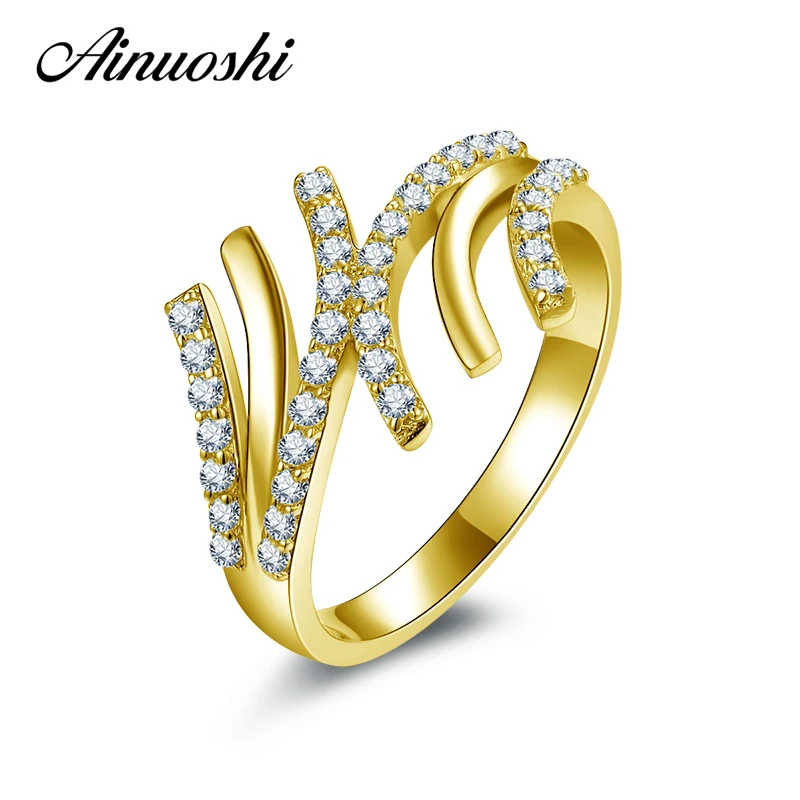 

AINUOSHI 10K Yellow Gold Engagement Ring Lines Sona Simulated Diamond Vintage Wedding Jewelry Unique Gold Ring Bridal Band Ring