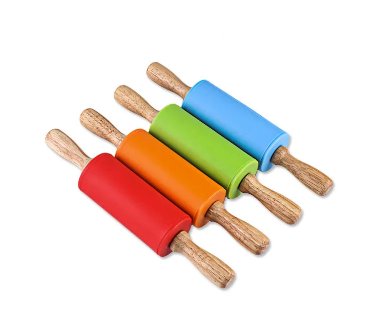 

22.5*4.3CM Small Size Children Wooden Handle Pastry Baking Tool Dough Silicone Rolling Stick Children Toy Rolling Pin