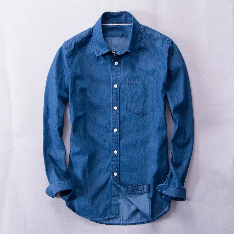 Helisopus синяя Потертая джинсовая мужская рубашка с длинным рукавом мужская хлопковая винтажная рубашка однобортная уличная одежда Camisa Hombre