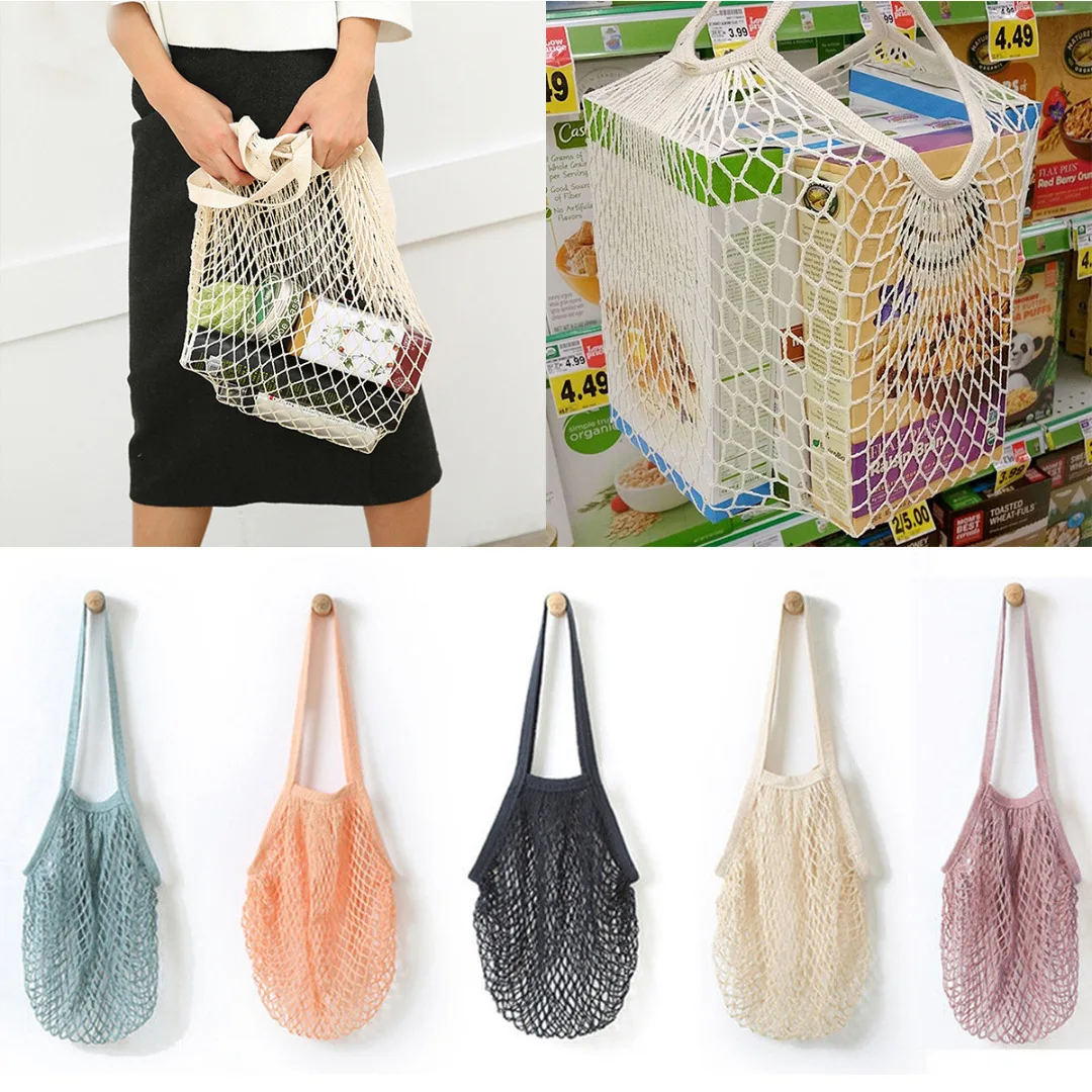 2019 Newest Reusable Fruit String Grocery Cotton Tote Woven Net Shoulder Shopper Mesh Bag 5 Colors