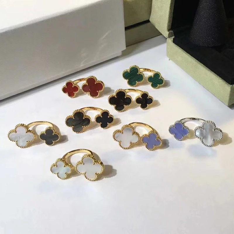 

Hot Brand Fashion Rings For Women Butterfly open Ring Double Flower Four Leaf Clover Sakura Adjustable Mother Shell Pearl Rings