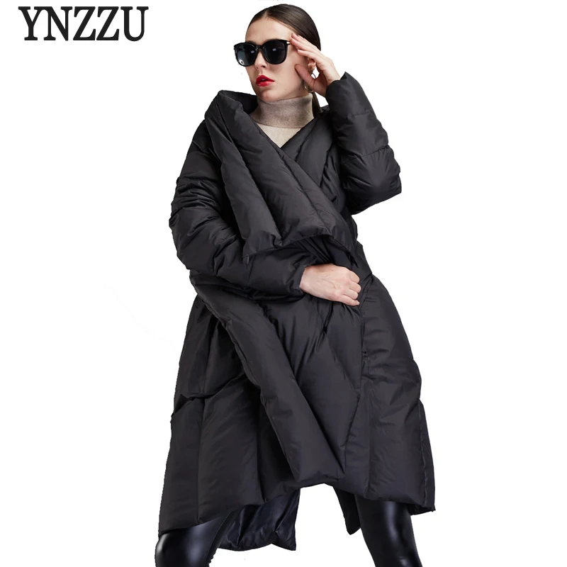 

YNZZU Europe Style New Winter Women Down Jackets Solid Chic Cloak Thick Warm Large Turn Down Collar Outwears High Quality YO443