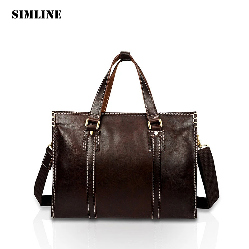 

SIMLINE Vintage Business Genuine Cow Leather Men Men's Male Tote Handbag Handbags Shoulder Bag Laptop Bags Briefcase For Man