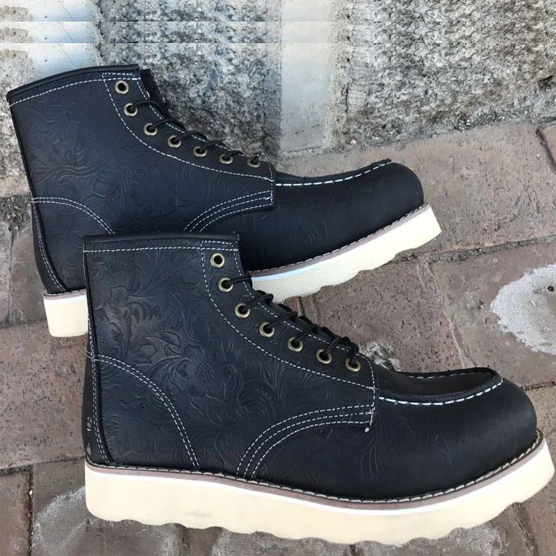 

2018 Handmade All-matching Retro Men's Black Boots Red Retro Tooling for Locomotive WING Men's Boots Mens Steel Toe Boots