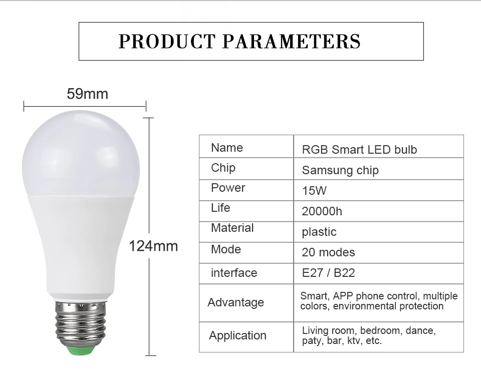 15W AC85-265V Dimmable B22 E27 LED Bulb Bluetooth Smart Magic LED Lamp (2)