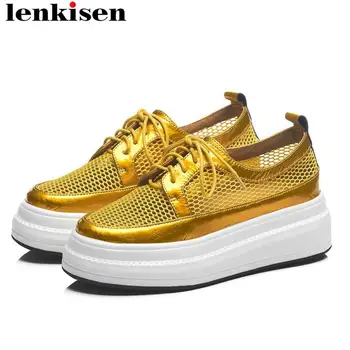 

Lenkisen cow leather breathable mesh round toe lace up med bottom flat platform loafers concise style women vulcanized shoes L76