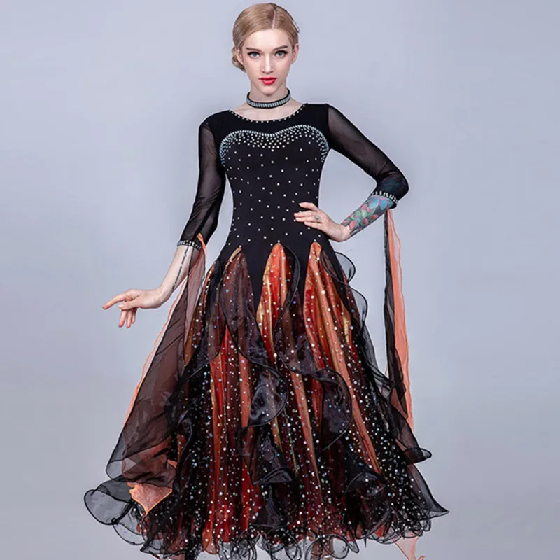 Boat Neck Contrast Color Design Ballroom Dance Competition Dresses Women Standard Ballroom Dress Waltz Dance Costumes Foxtort