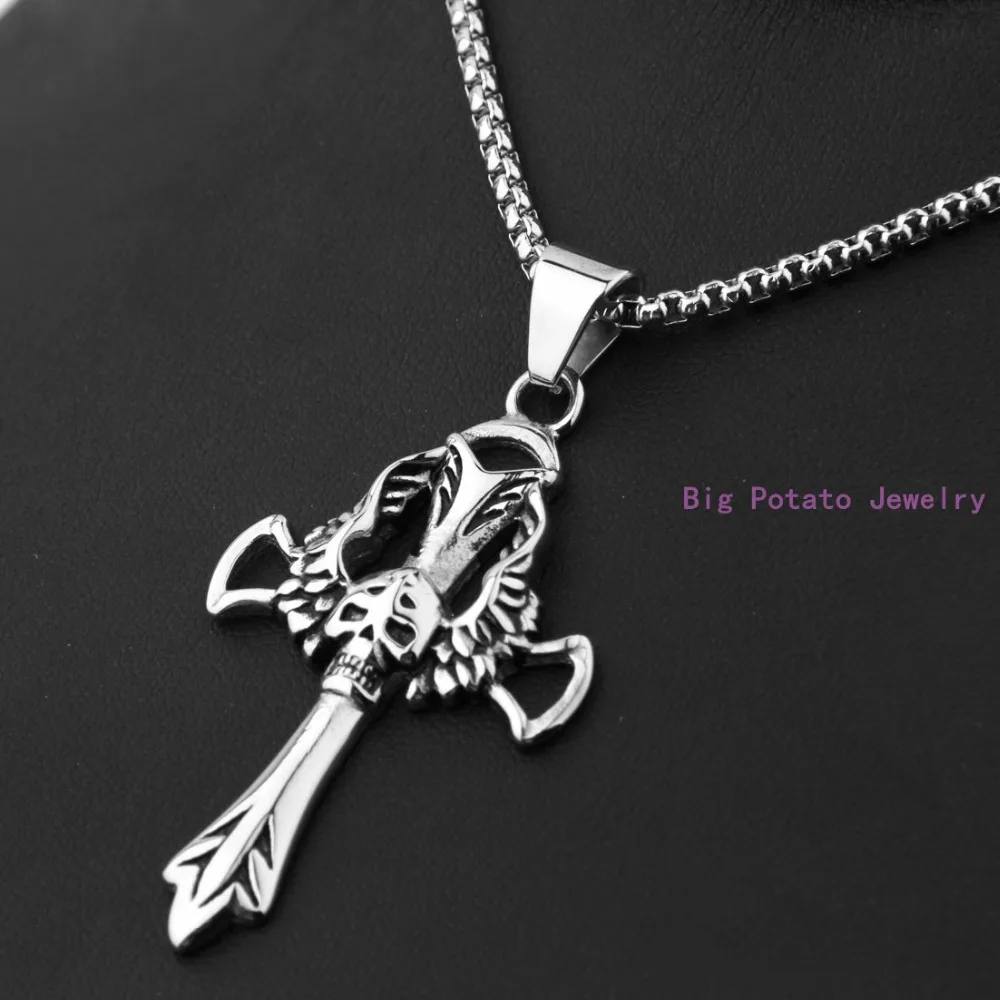 Vintage Mens Jewelry 316L Stainless Steel Silver Gothic Skull Cross