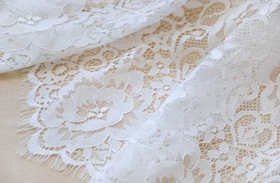 

3 yards off white Chantilly lace fabric, retro bridal lace fabric with scalloped borders