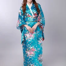 Синий японский женские Винтаж Традиция Шелковый кимоно юката платье с Оби H0044-A