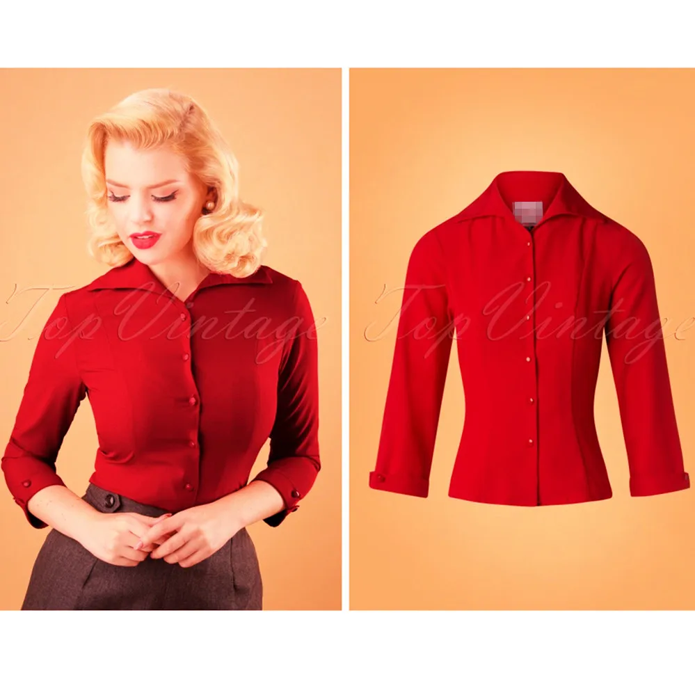 

40-women vintage 50s classy blouse in red 3/4 sleeve v neck Audrey Hepburn style shirt ladies plus size blusas camisa feminina