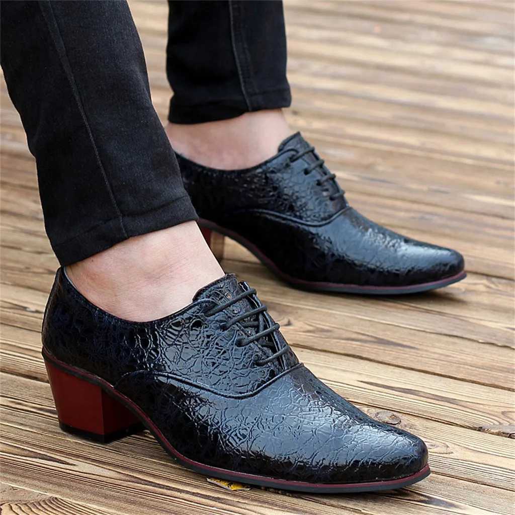 Men Pointed Toe leather shoes Lace-Up Alligator Pattern Busines Dress shoes British style High heel Male Wedding shoes 7.11