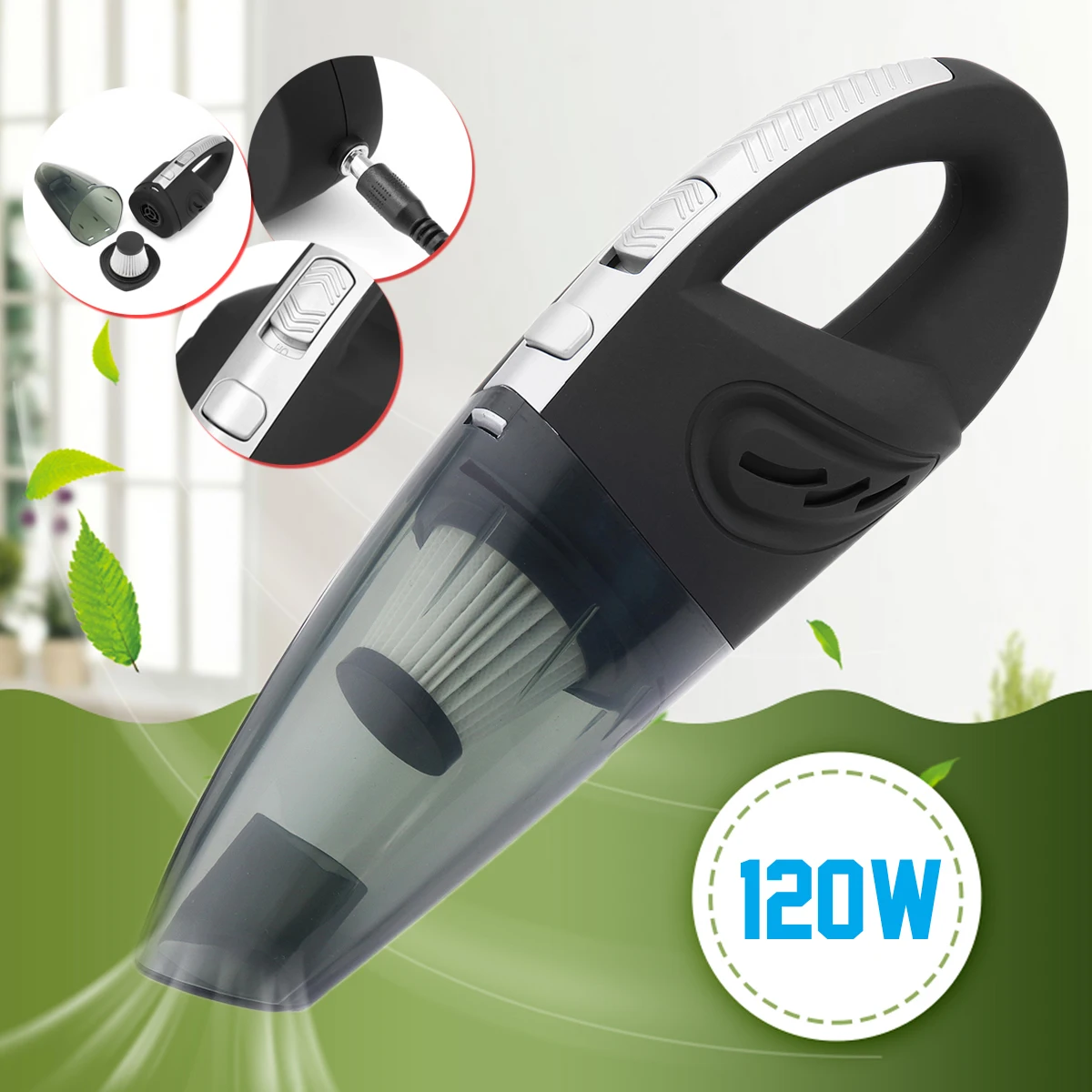 

120W Handheld Car Home Cordless Rechargeable Dust Vacuum Cleaner Dry Wet Use With Different Nozzles Detachable Double Filtration