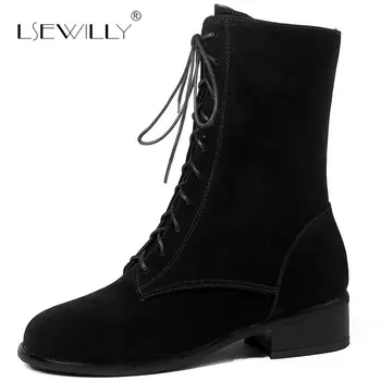 

Lsewilly Large Size 34-46 Lace Up Ankle Boots Women Suede Leather Fashion Square Heel Woman Shoes Winter Martin Boots Women E138