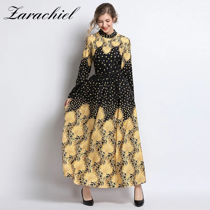 

2019 New Fashion Runway Maxi Dress Women Clothing Robe Abaya Fubai Long Sleeve Golden Flower Printed Bohemian Vintage Long Dress