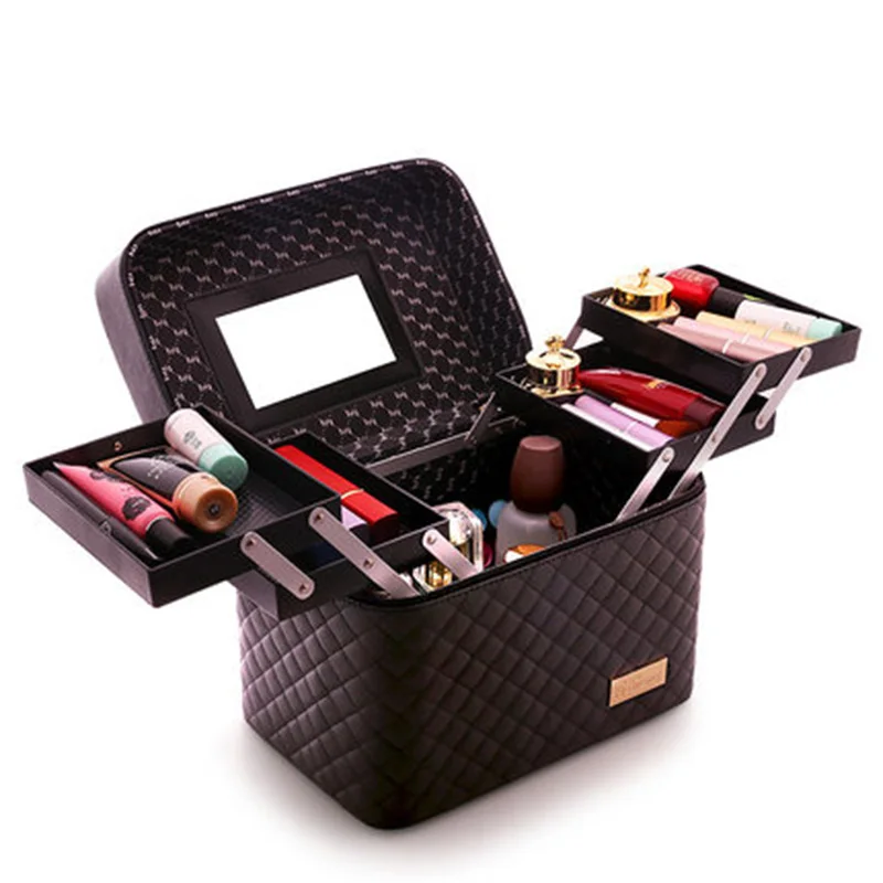 

2019 Women Large Capacity Professional Makeup Organizer Fashion Toiletry Cosmetic Bag Multilayer Storage Box Portable Suitcase