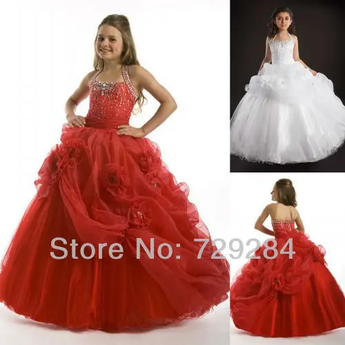 red white ruffles pageant gowns kids halter flower Pleat cute girl ball