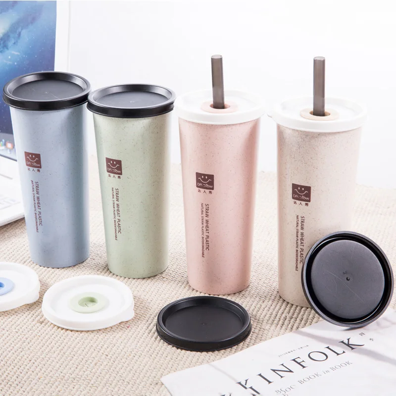 

1PC Portable Hand Cup Wheat Straw Water Cup with Straws Double Lid Cola Coffee Plastic Travel Cup Drinking Cup Home Office Gifts